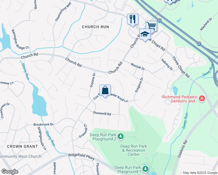 map of restaurants, bars, coffee shops, grocery stores, and more near 2504 Cedar Knoll Ct in Henrico