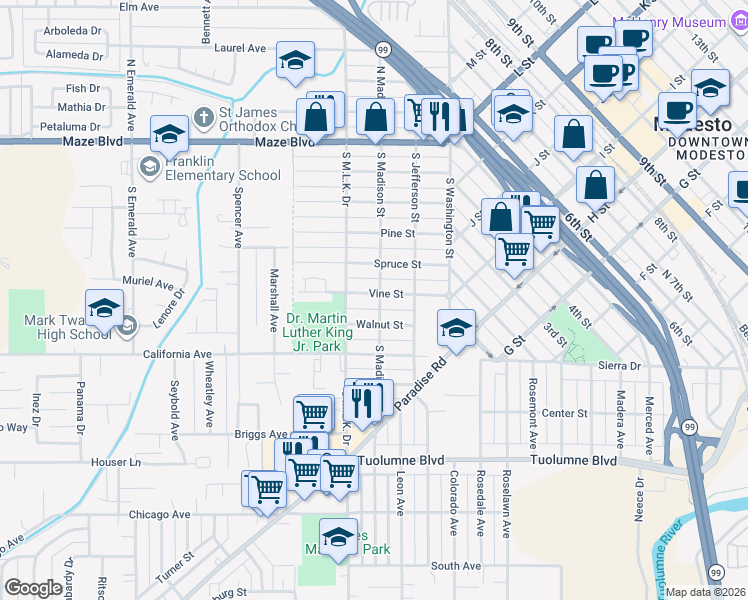 map of restaurants, bars, coffee shops, grocery stores, and more near 312 Vine Street in Modesto