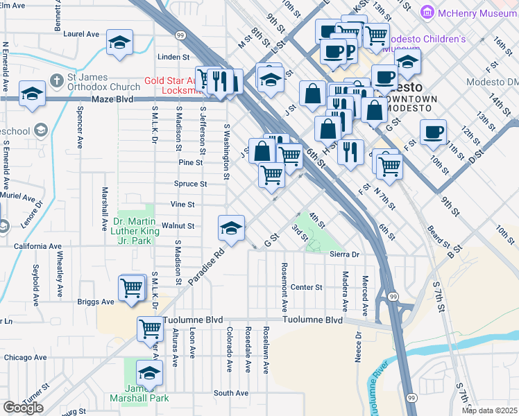 map of restaurants, bars, coffee shops, grocery stores, and more near 229 H Street in Modesto