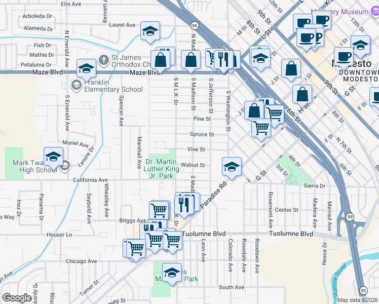 map of restaurants, bars, coffee shops, grocery stores, and more near 312 Vine Street in Modesto