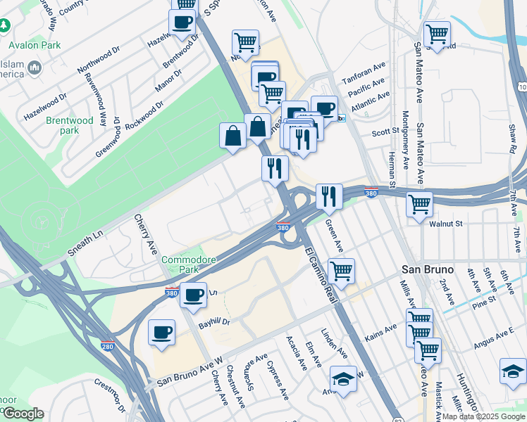 map of restaurants, bars, coffee shops, grocery stores, and more near 1000 National Avenue in San Bruno