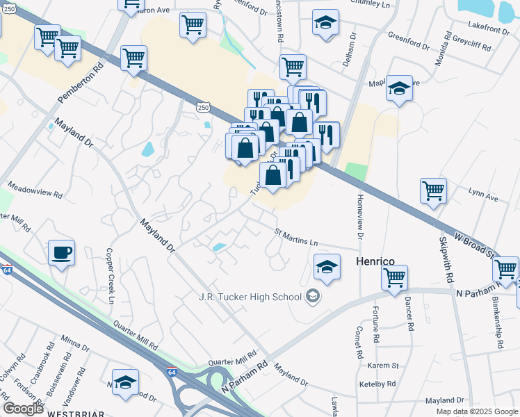 map of restaurants, bars, coffee shops, grocery stores, and more near 9034-9098 Horrigan Court in Henrico