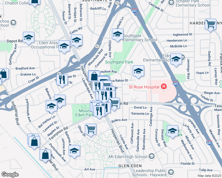 map of restaurants, bars, coffee shops, grocery stores, and more near 2086 Aldengate Way in Hayward