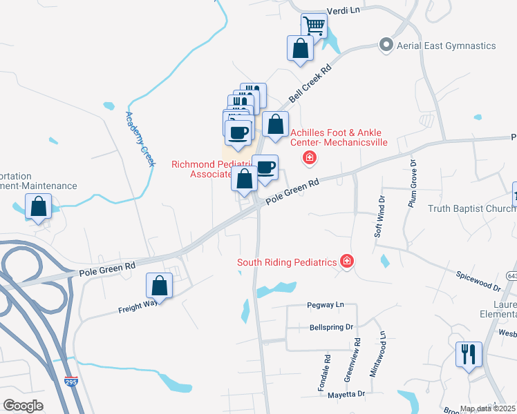 map of restaurants, bars, coffee shops, grocery stores, and more near 8318 Bell Creek Road in Mechanicsville