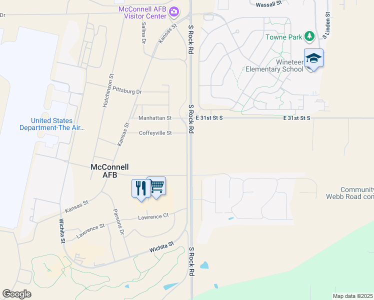 map of restaurants, bars, coffee shops, grocery stores, and more near Wichita Street in McConnell Air Force Base