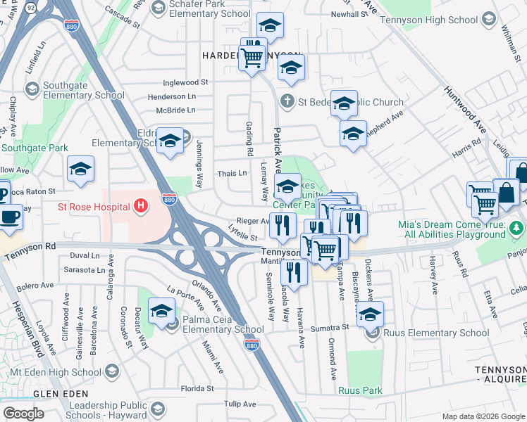 map of restaurants, bars, coffee shops, grocery stores, and more near 1324 Roosevelt Avenue in Hayward