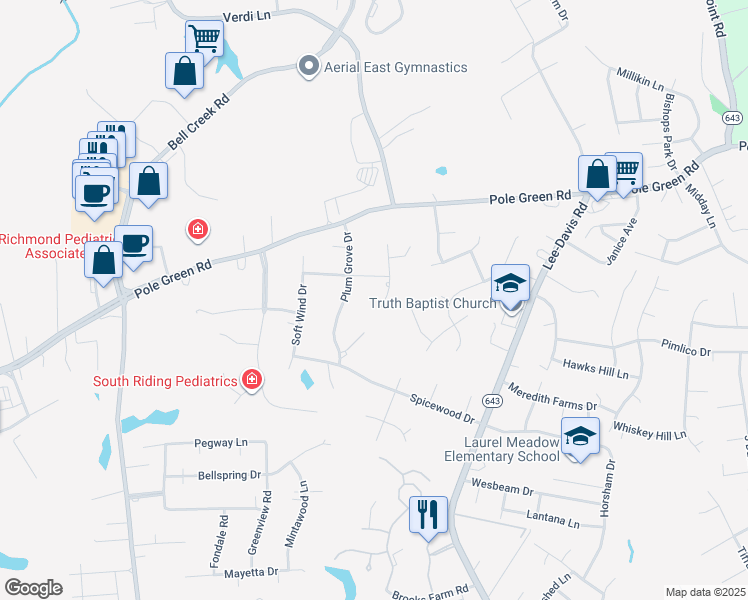 map of restaurants, bars, coffee shops, grocery stores, and more near 8305 Bama Road in Mechanicsville
