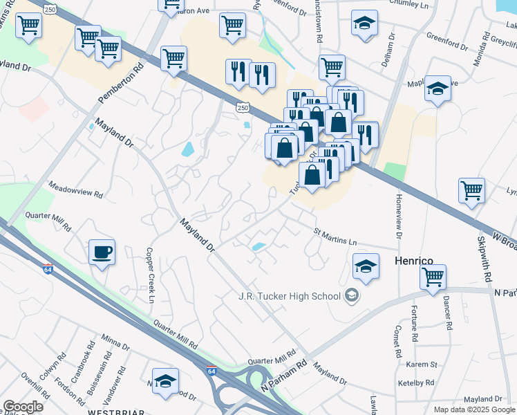 map of restaurants, bars, coffee shops, grocery stores, and more near 2344 Hickory Creek Drive in Henrico