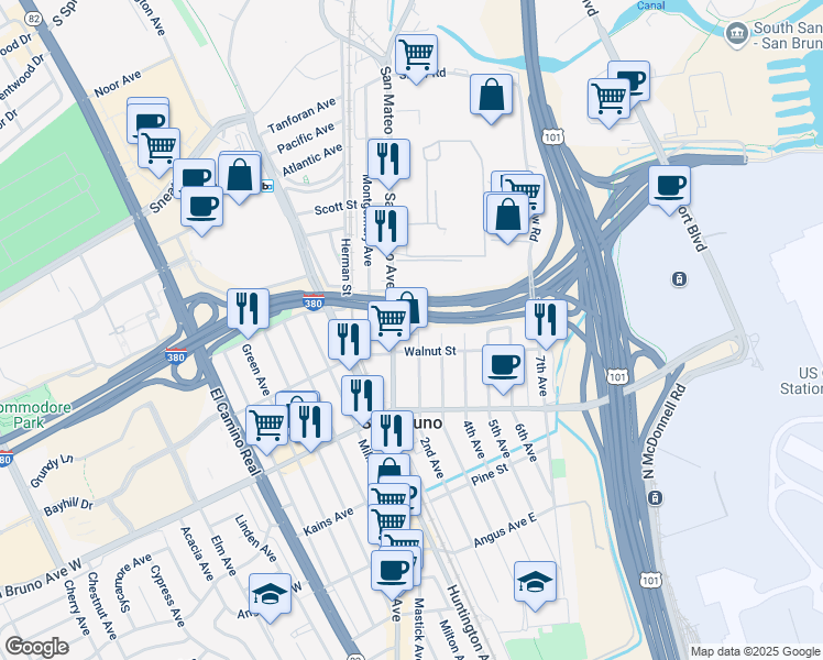 map of restaurants, bars, coffee shops, grocery stores, and more near 919 2nd Avenue in San Bruno