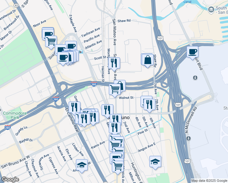 map of restaurants, bars, coffee shops, grocery stores, and more near 965 San Mateo Avenue in San Bruno