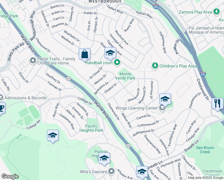 map of restaurants, bars, coffee shops, grocery stores, and more near 2801 Chabot Drive in San Bruno