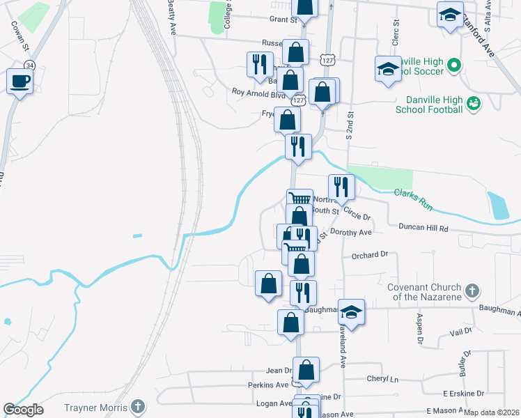 map of restaurants, bars, coffee shops, grocery stores, and more near 123A Highland Court in Danville