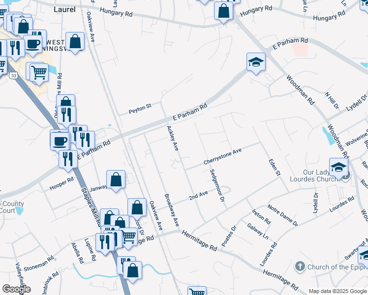 map of restaurants, bars, coffee shops, grocery stores, and more near 8611 Ackley Avenue in Richmond