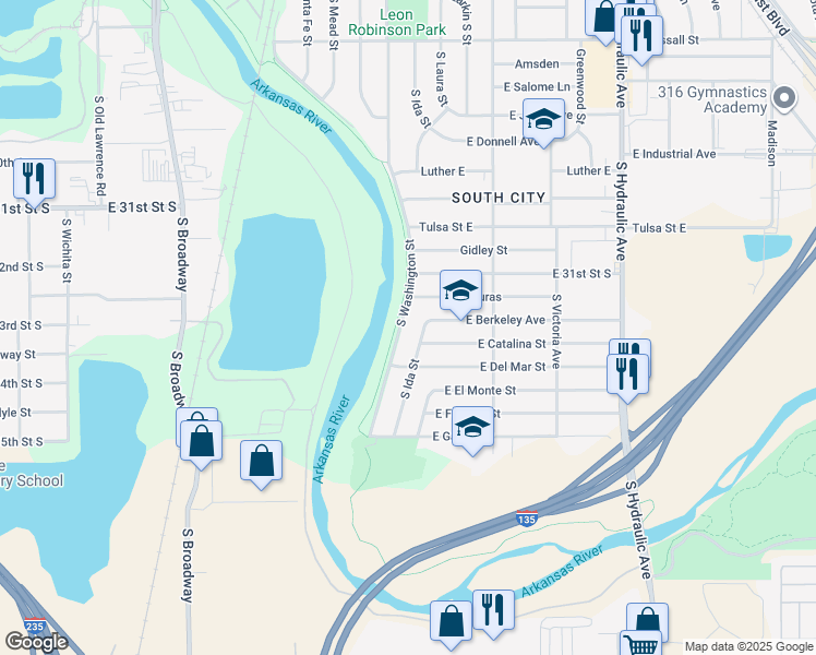map of restaurants, bars, coffee shops, grocery stores, and more near 3320 South Washington Avenue in Wichita