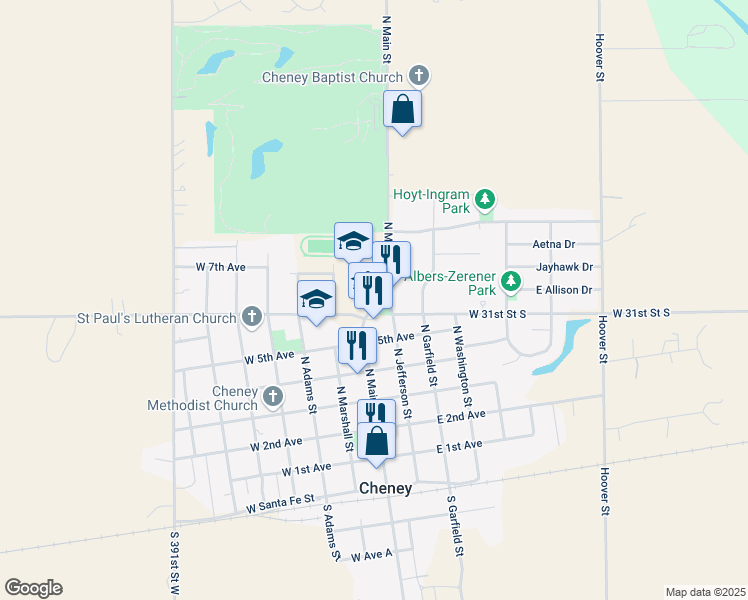 map of restaurants, bars, coffee shops, grocery stores, and more near 100 West 6th Avenue in Cheney