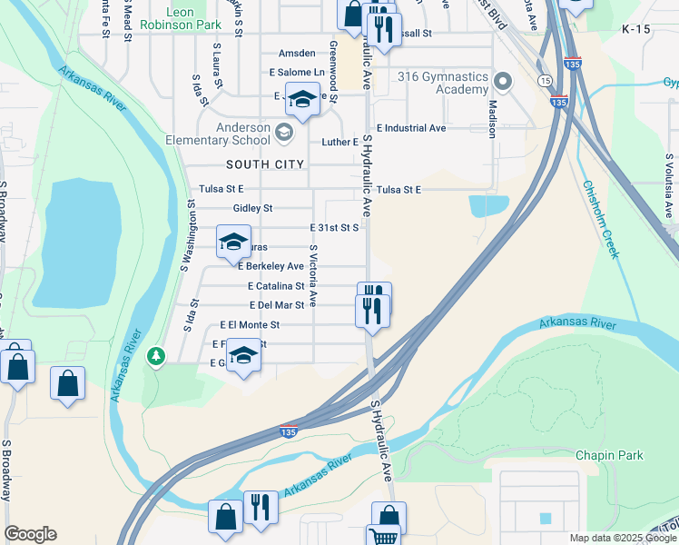 map of restaurants, bars, coffee shops, grocery stores, and more near 1527 East Berkeley Avenue in Wichita