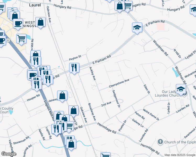 map of restaurants, bars, coffee shops, grocery stores, and more near 8611 Ackley Avenue in Richmond