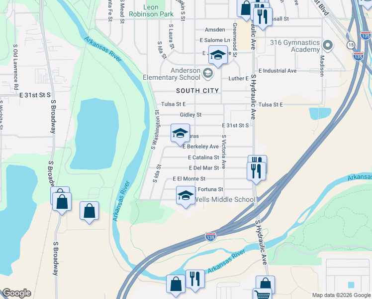 map of restaurants, bars, coffee shops, grocery stores, and more near 1211 East Berkeley Avenue in Wichita