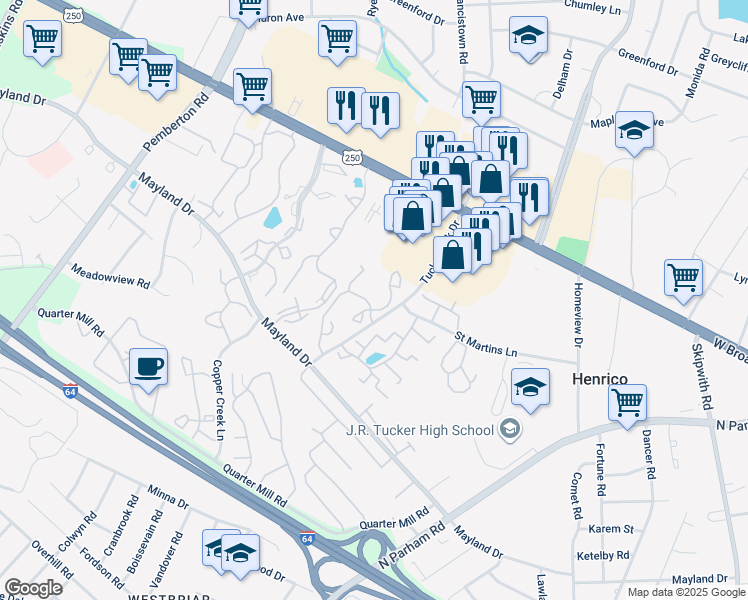 map of restaurants, bars, coffee shops, grocery stores, and more near 2344 Hickory Creek Drive in Richmond