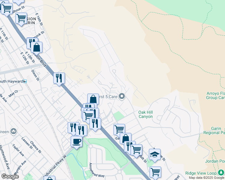 map of restaurants, bars, coffee shops, grocery stores, and more near 713 Canonbury Way in Hayward