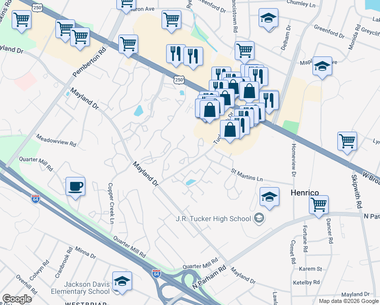 map of restaurants, bars, coffee shops, grocery stores, and more near 2350 Hickory Creek Court in Henrico
