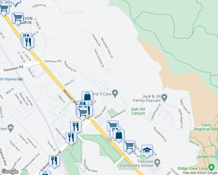 map of restaurants, bars, coffee shops, grocery stores, and more near 713 Canonbury Way in Hayward