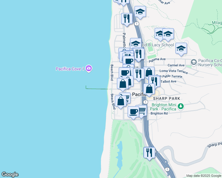 map of restaurants, bars, coffee shops, grocery stores, and more near 2100 Beach Boulevard in Pacifica