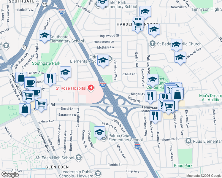 map of restaurants, bars, coffee shops, grocery stores, and more near 1554 Rieger Avenue in Hayward