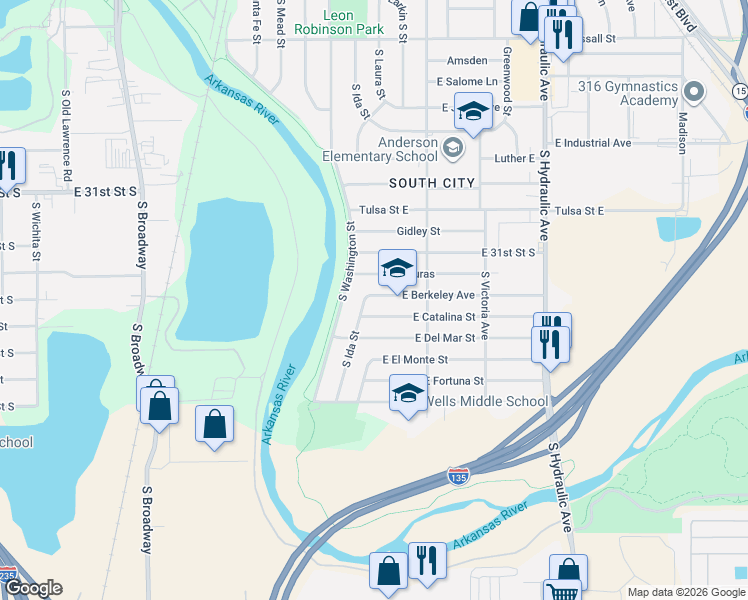 map of restaurants, bars, coffee shops, grocery stores, and more near 1101 East Berkeley Avenue in Wichita