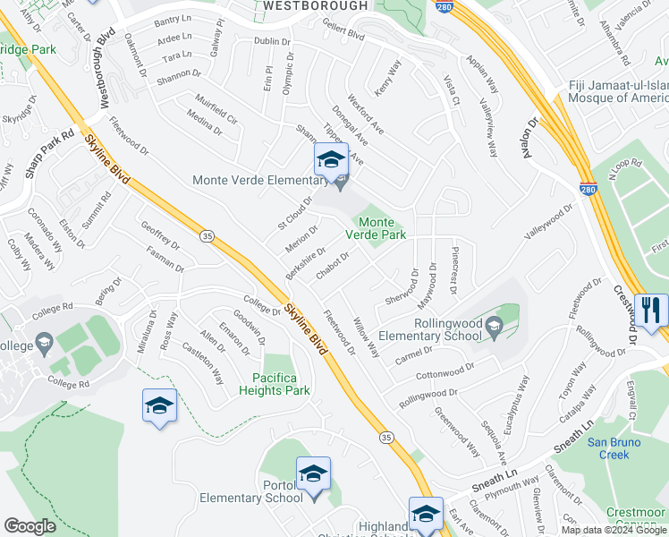 map of restaurants, bars, coffee shops, grocery stores, and more near 2801 Chabot Drive in San Bruno