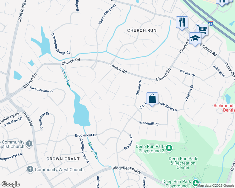 map of restaurants, bars, coffee shops, grocery stores, and more near 2908 Crown Grant Road in Richmond