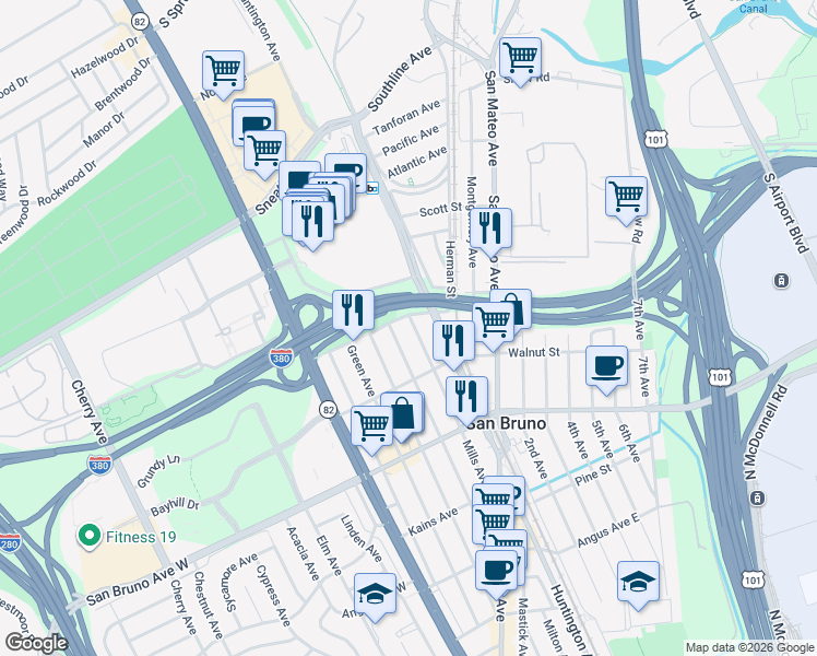 map of restaurants, bars, coffee shops, grocery stores, and more near 973 Mills Avenue in San Bruno
