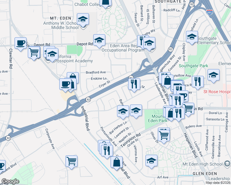 map of restaurants, bars, coffee shops, grocery stores, and more near 2610 Hawthorne Avenue in Hayward