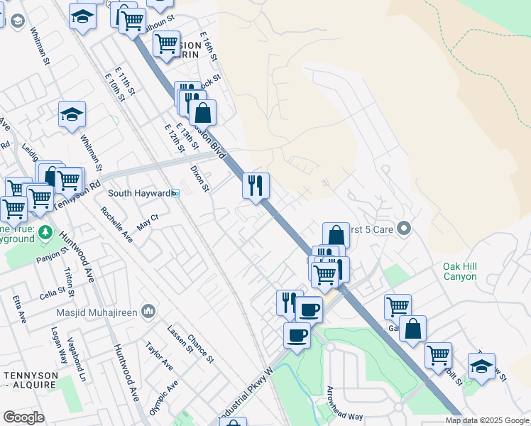 map of restaurants, bars, coffee shops, grocery stores, and more near 29131 Mission Boulevard in Hayward