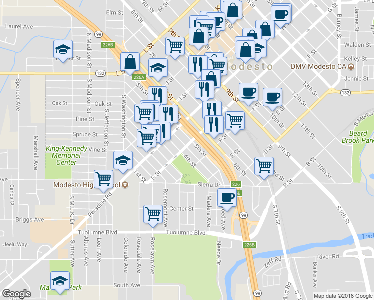 map of restaurants, bars, coffee shops, grocery stores, and more near 410 G Street in Modesto