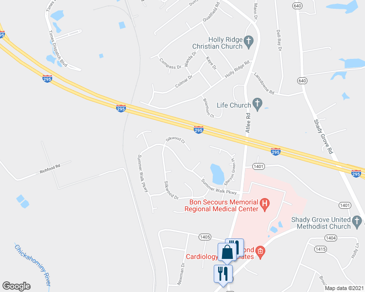 map of restaurants, bars, coffee shops, grocery stores, and more near 8334 Silkwood Court in Mechanicsville