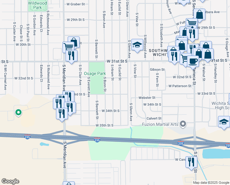 map of restaurants, bars, coffee shops, grocery stores, and more near 3356 South Hiram Street in Wichita