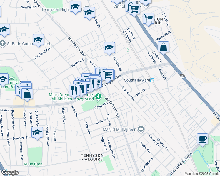 map of restaurants, bars, coffee shops, grocery stores, and more near 150 West Tennyson Road in Hayward