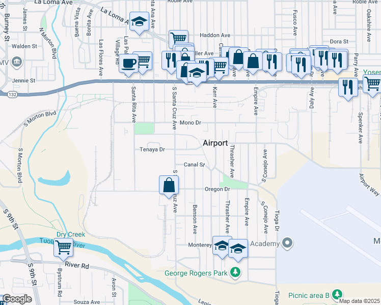 map of restaurants, bars, coffee shops, grocery stores, and more near 1326 Tenaya Drive in Modesto