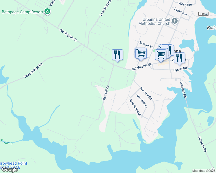 map of restaurants, bars, coffee shops, grocery stores, and more near 7 Laurel Farms Lane in Urbanna