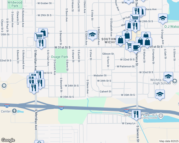 map of restaurants, bars, coffee shops, grocery stores, and more near 3357 South Vine Street in Wichita