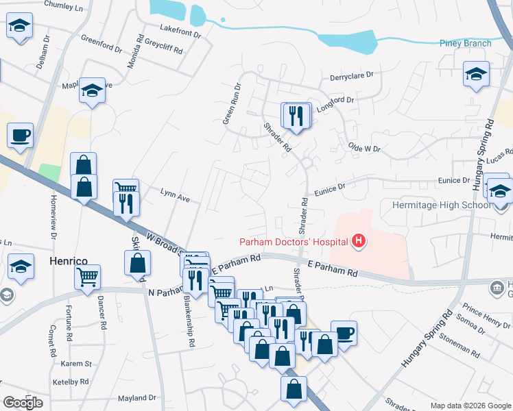 map of restaurants, bars, coffee shops, grocery stores, and more near 8130 Carriage Homes Drive in Henrico