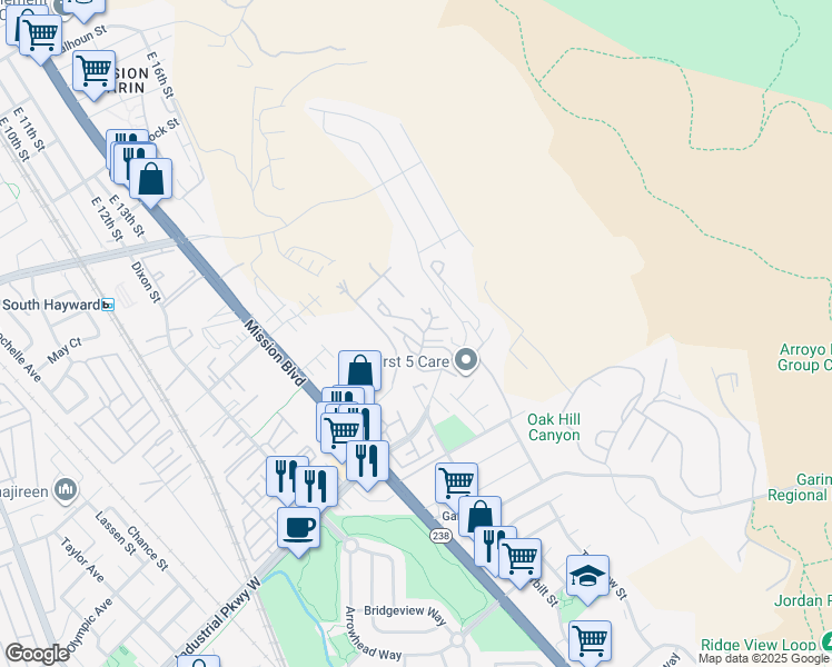 map of restaurants, bars, coffee shops, grocery stores, and more near 675 Newbury Lane in Hayward