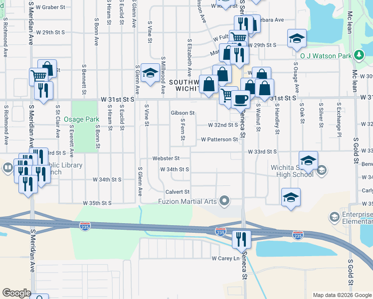 map of restaurants, bars, coffee shops, grocery stores, and more near 1523 W 33rd Street South in Wichita