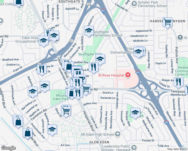 map of restaurants, bars, coffee shops, grocery stores, and more near 27211 Sleepy Hollow Avenue South in Hayward