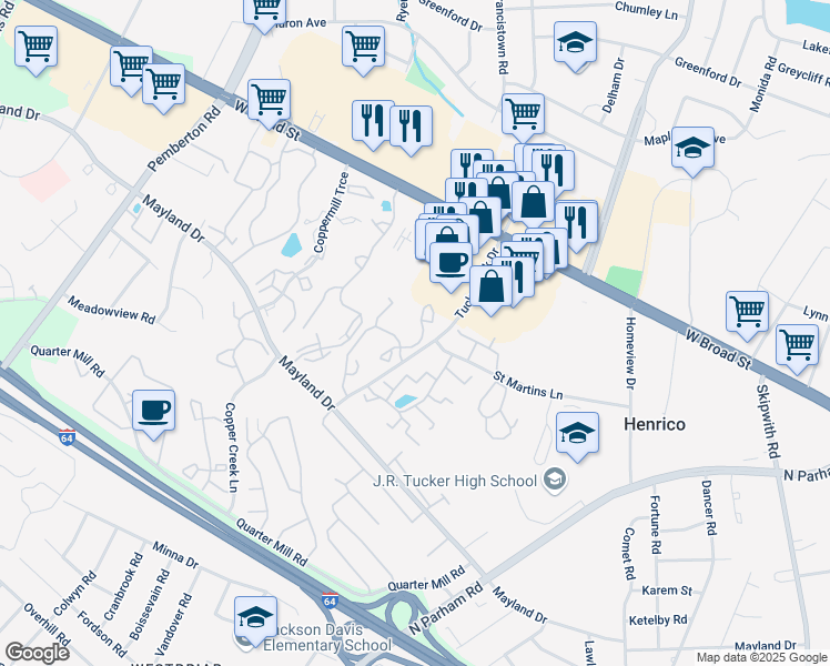 map of restaurants, bars, coffee shops, grocery stores, and more near 2350 Hickory Creek Court in Henrico