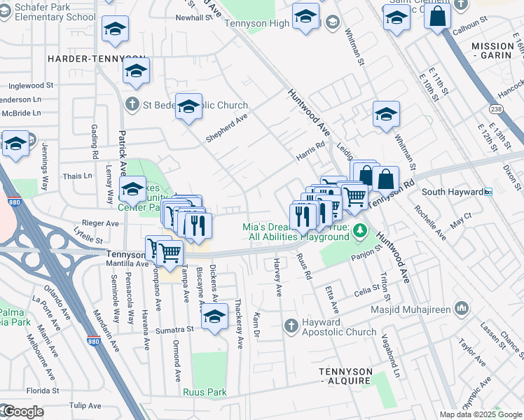 map of restaurants, bars, coffee shops, grocery stores, and more near 725 Auburn Place in Hayward