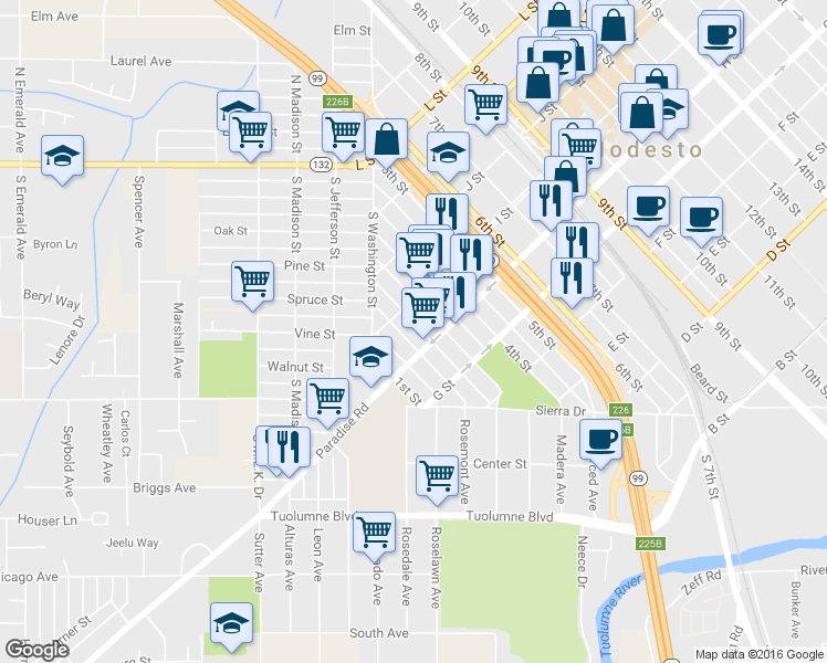 map of restaurants, bars, coffee shops, grocery stores, and more near 823 2nd Street in Modesto
