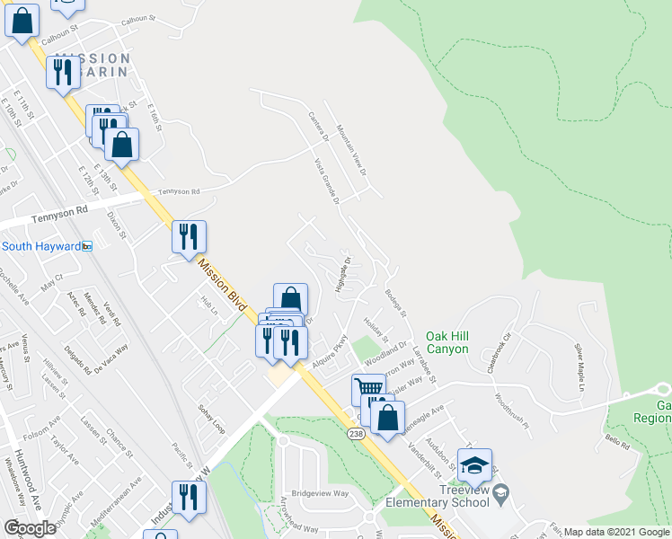 map of restaurants, bars, coffee shops, grocery stores, and more near 675 Newbury Lane in Hayward