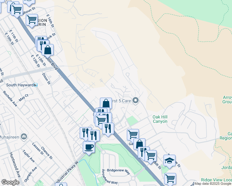 map of restaurants, bars, coffee shops, grocery stores, and more near 675 Newbury Lane in Hayward